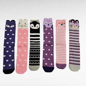 6 Pack Girls Knee High Socks Cartoon Animals
